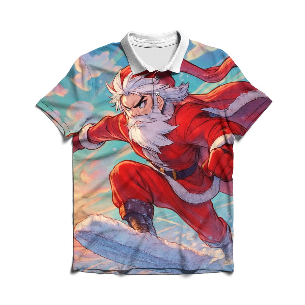 Anime Inspired Santa Sky Surfing On Snow Clouds custom polo shirts