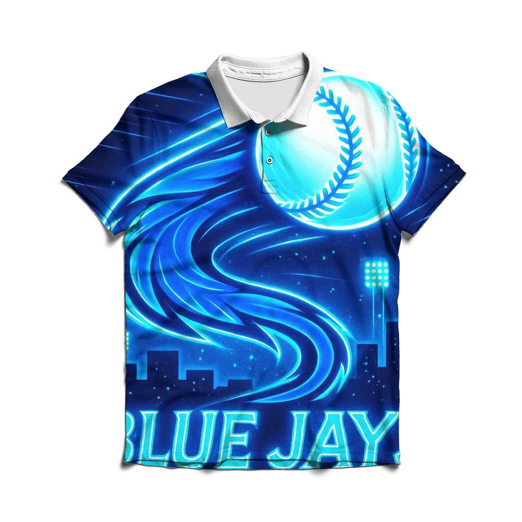 Feather Comet Blue Jays Rally branded logo polo shirts