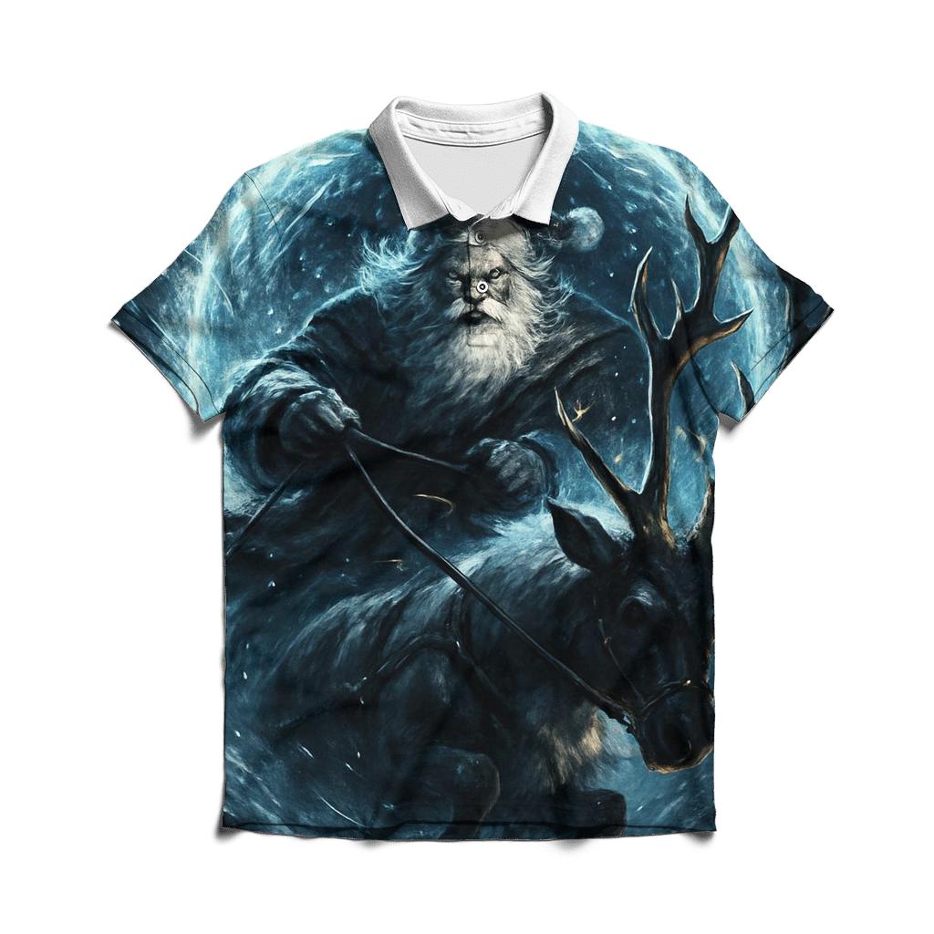 Epic Santa And Reindeer Through A Blizzard Portal branded logo polo shirts