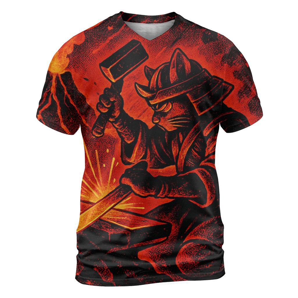 Volcanic Forge Samurai Cat trendy printed shirt styles