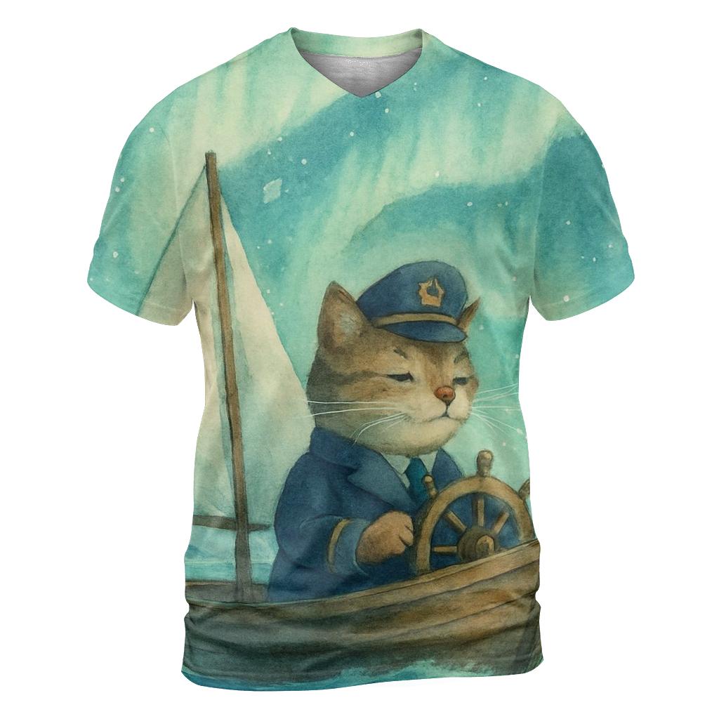 Aurora Sailing Cat Captain artistic all-over print tops