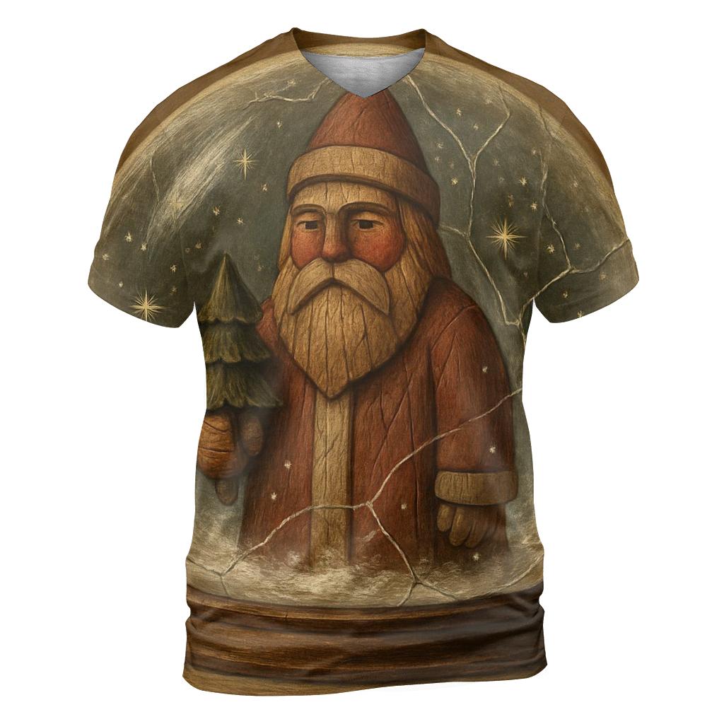 Wood Carved Vintage Santa In Snow Globe Forest artistic all-over print tops