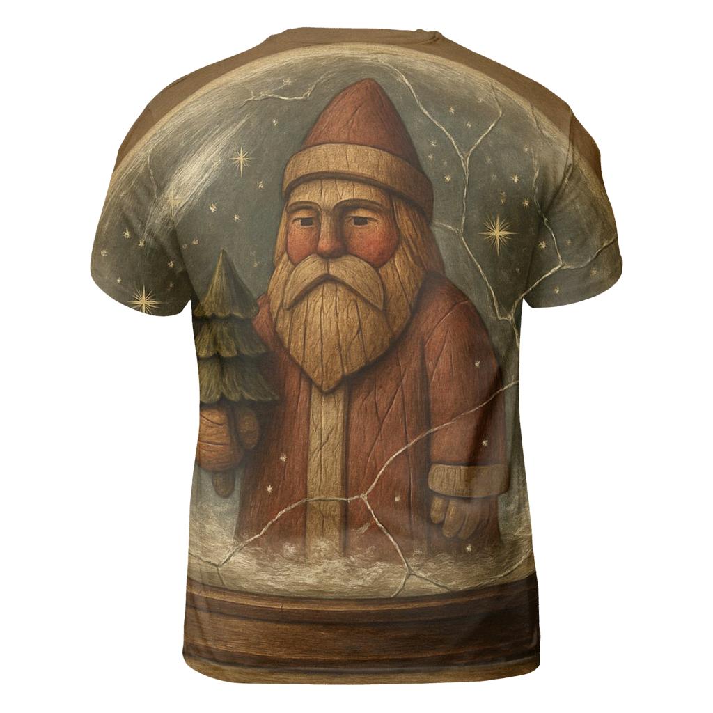 Wood Carved Vintage Santa In Snow Globe Forest artistic all-over print tops