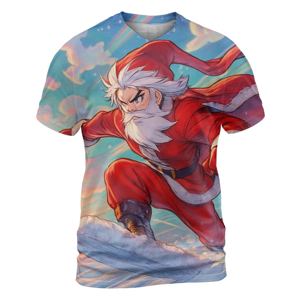Anime Inspired Santa Sky Surfing On Snow Clouds designer pattern shirts