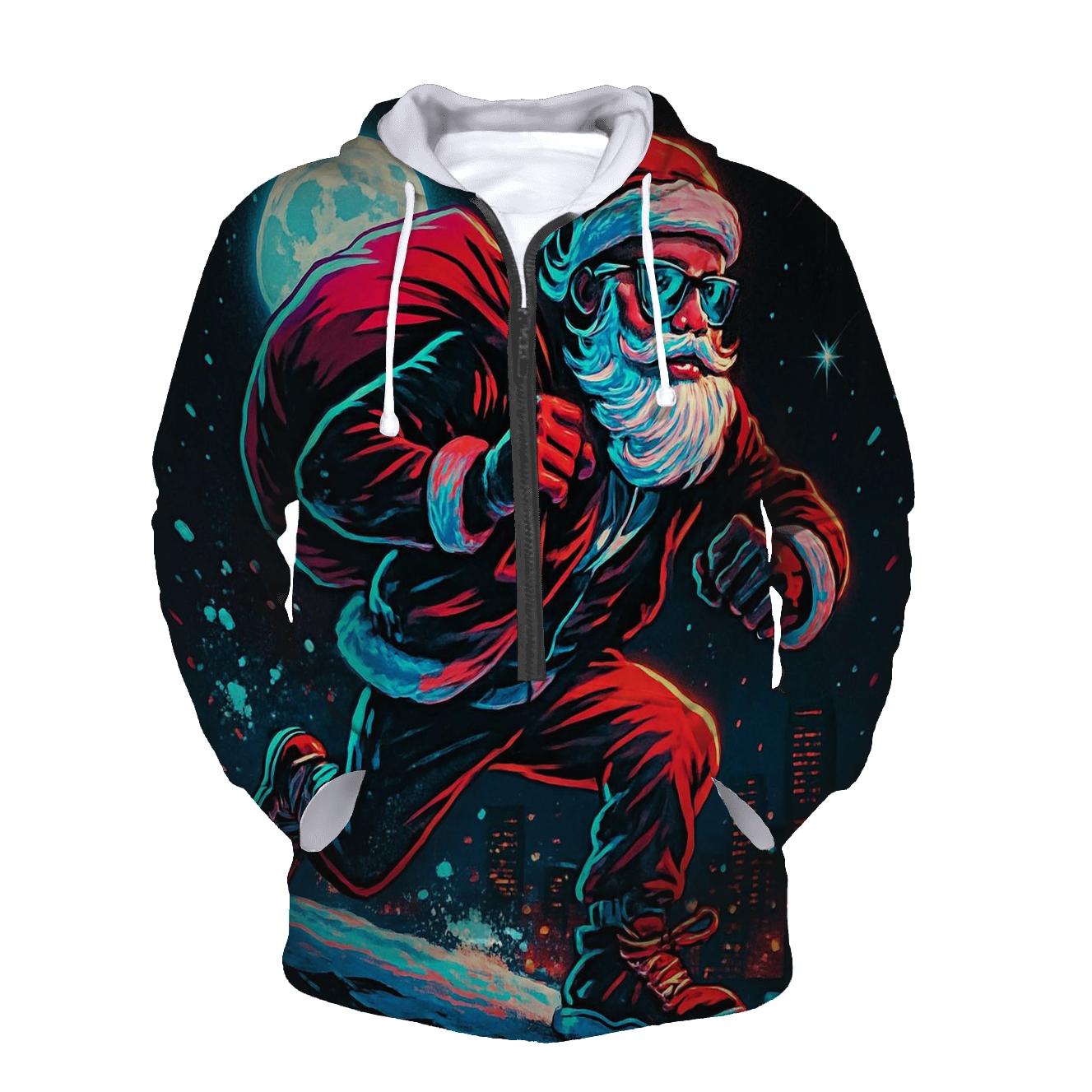 Neon Night Santa On A Rooftop Run heavyweight hoodies