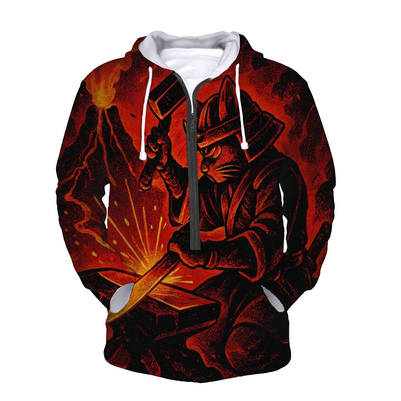 Volcanic Forge Samurai Cat embroidered hoodies