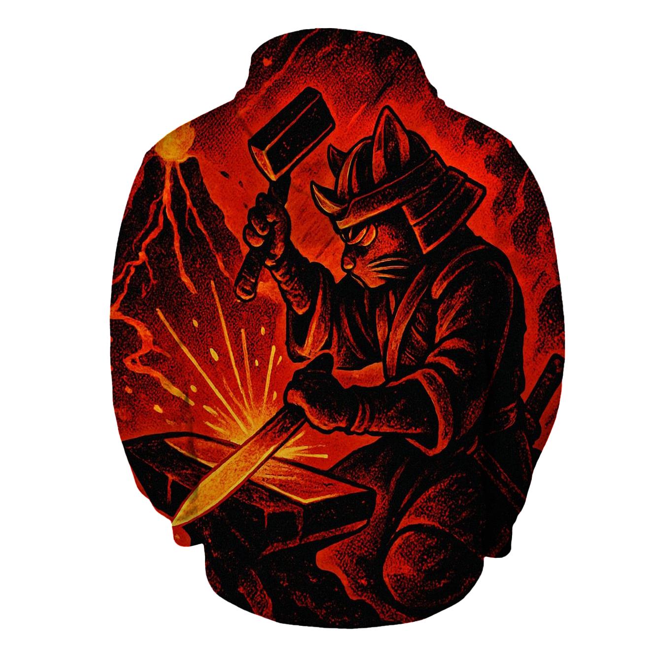 Volcanic Forge Samurai Cat embroidered hoodies