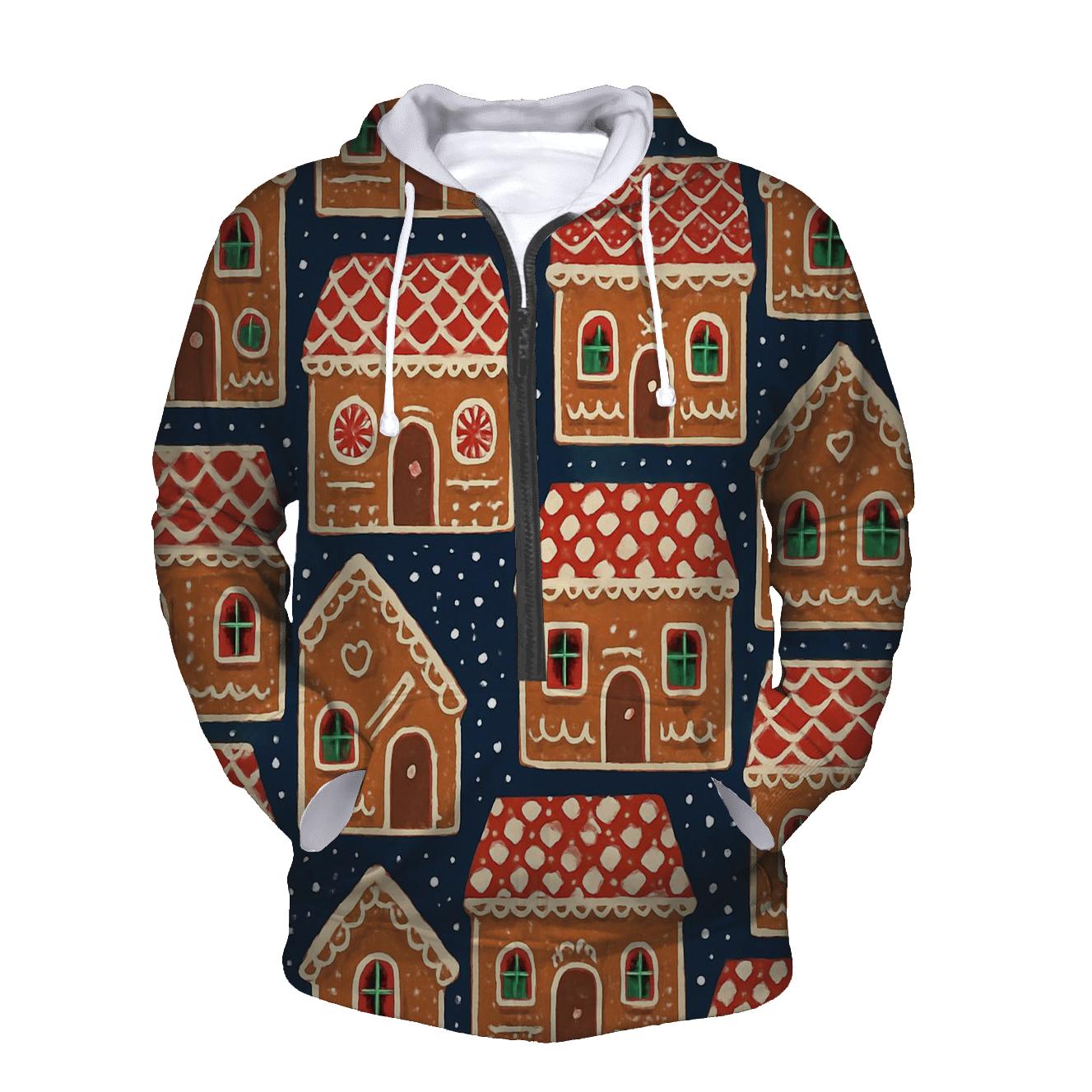 Gingerbread House Tile Blocks On Navy Background heavyweight hoodies