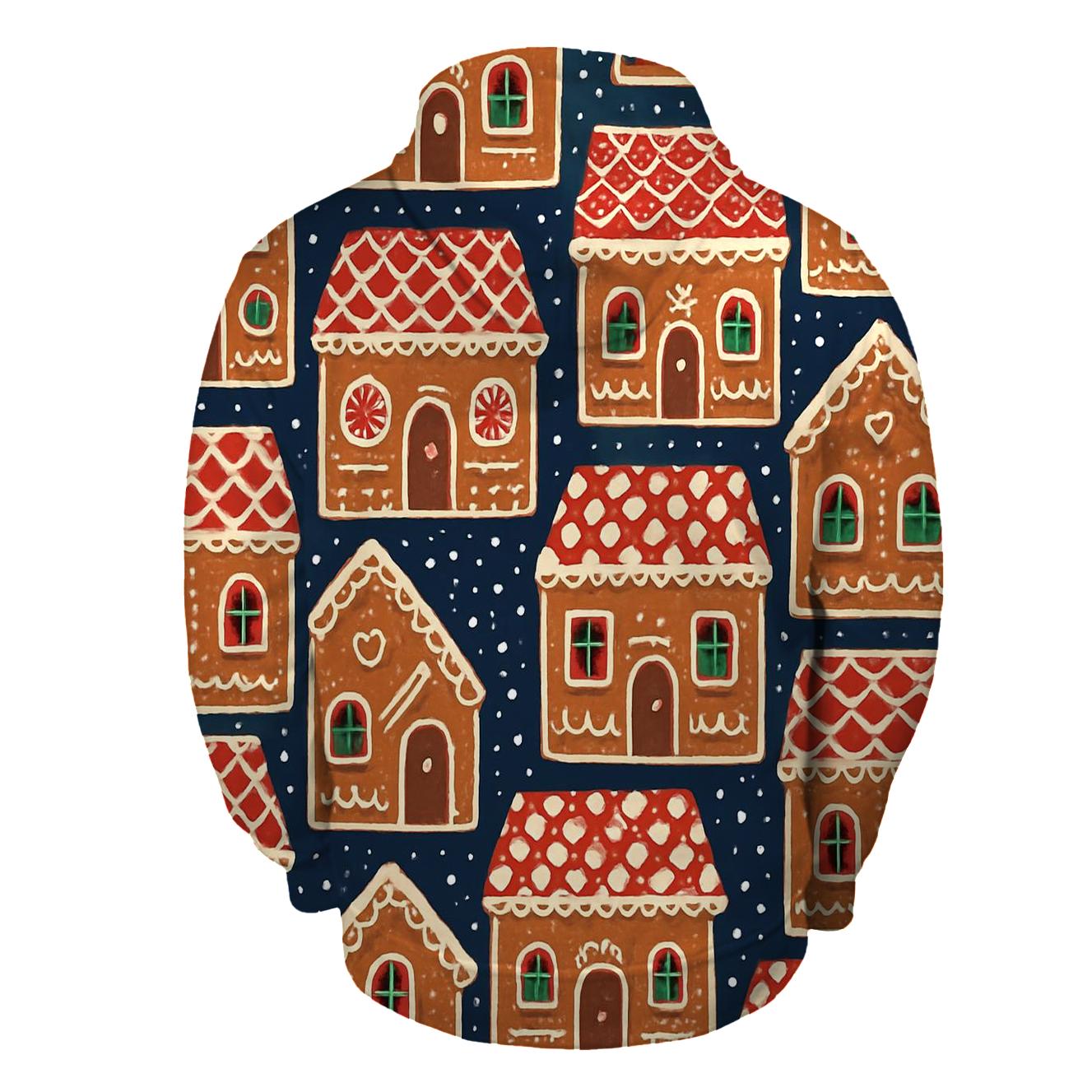 Gingerbread House Tile Blocks On Navy Background heavyweight hoodies