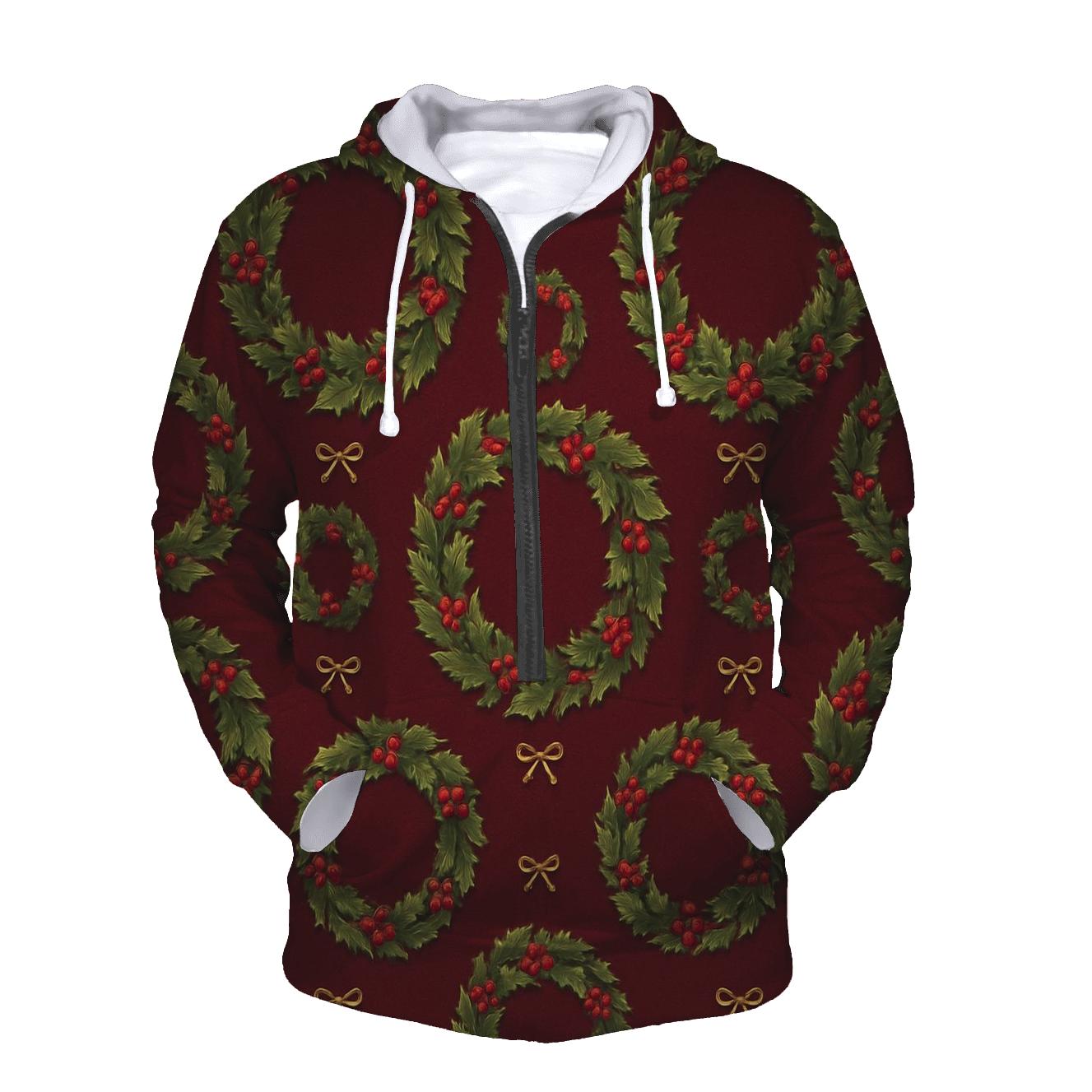 Holly Wreath Ring Repeat On Burgundy Background pullover hoodies