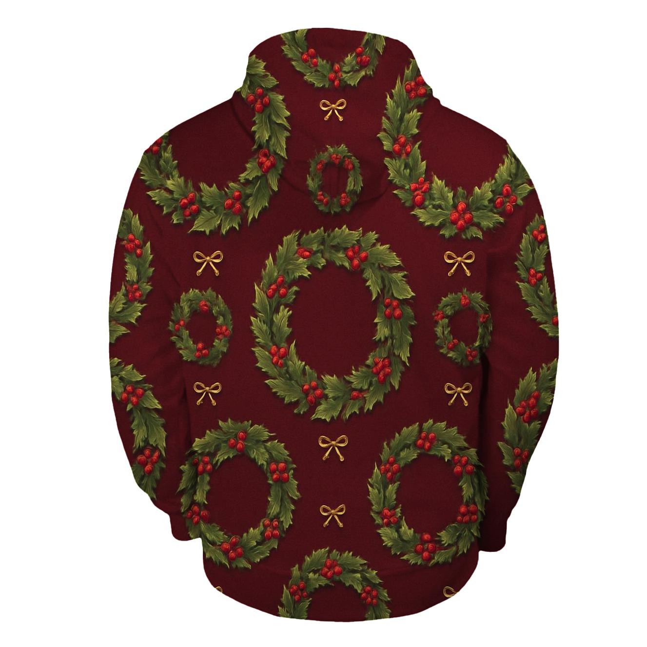 Holly Wreath Ring Repeat On Burgundy Background pullover hoodies