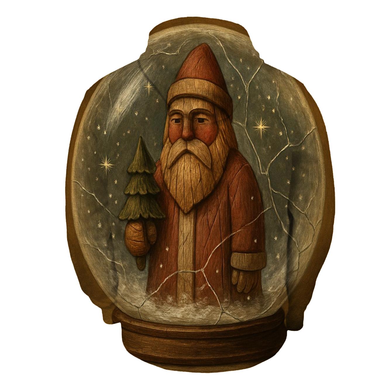 Wood Carved Vintage Santa In Snow Globe Forest graphic hoodies