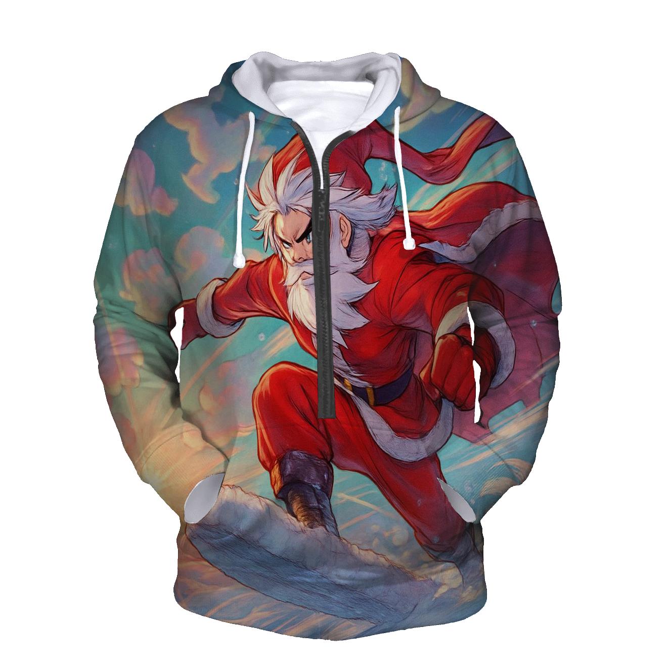 Anime Inspired Santa Sky Surfing On Snow Clouds designer hoodies