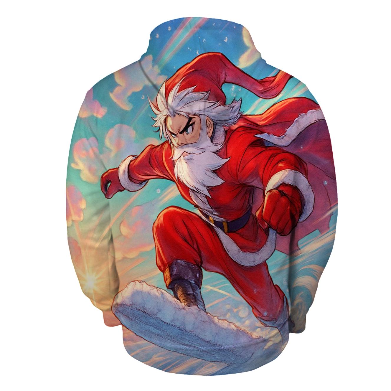 Anime Inspired Santa Sky Surfing On Snow Clouds designer hoodies