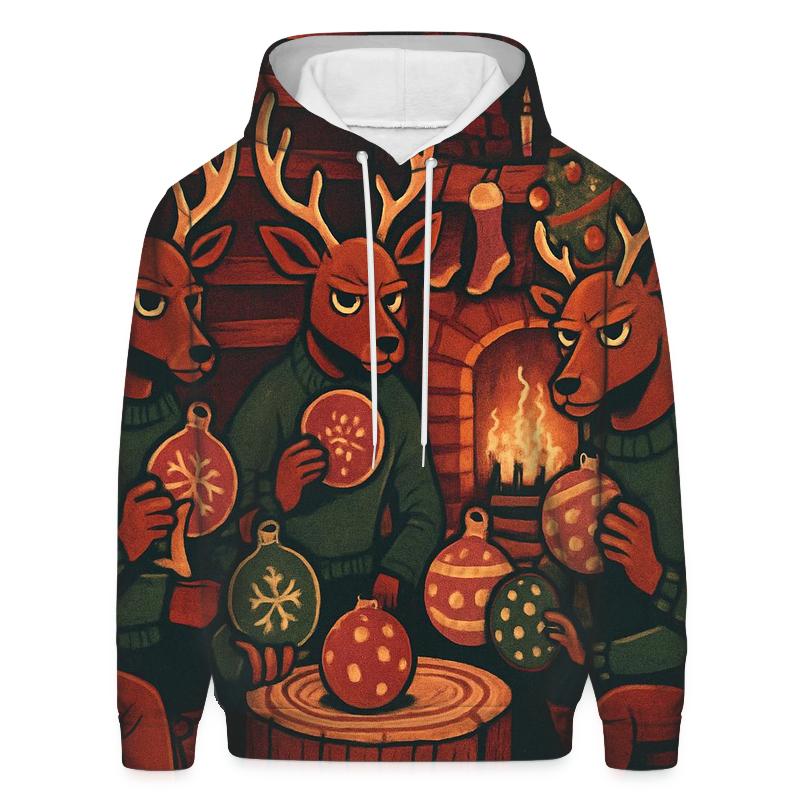 Reindeer Poker Night In Cozy Cabin Glow premium hoodies