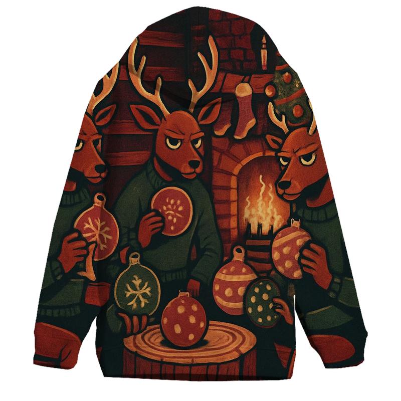 Reindeer Poker Night In Cozy Cabin Glow premium hoodies