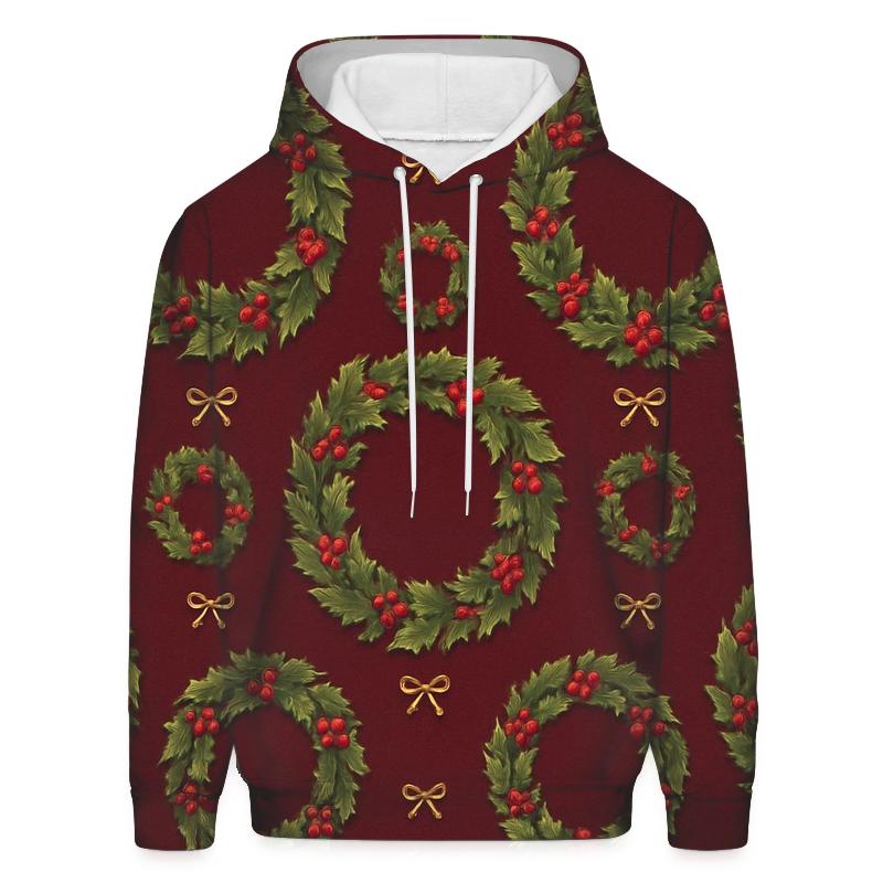 Holly Wreath Ring Repeat On Burgundy Background printed hoodies