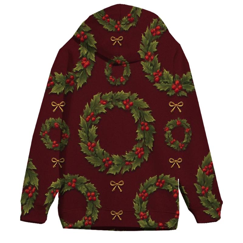 Holly Wreath Ring Repeat On Burgundy Background printed hoodies