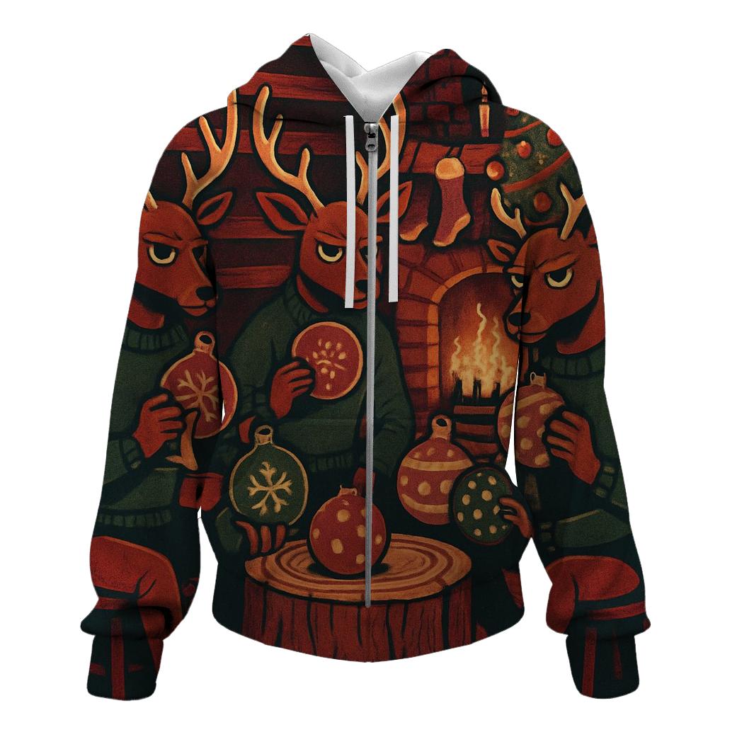 Reindeer Poker Night In Cozy Cabin Glow embroidered hoodies