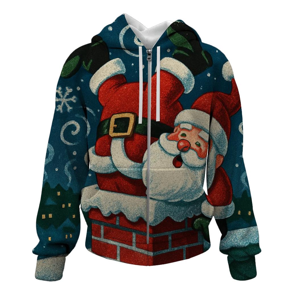 Santa Stuck In Chimney Snowstorm Swirl printed hoodies