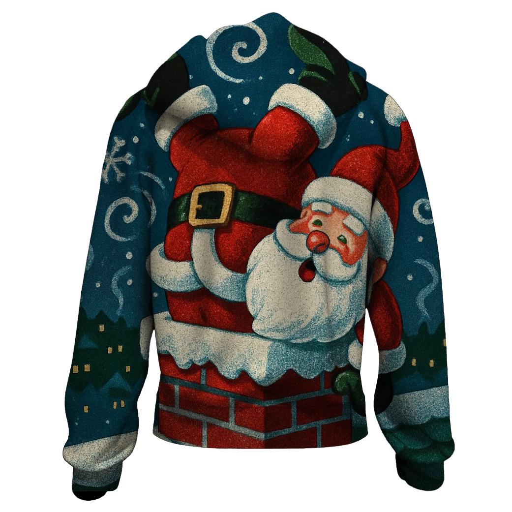 Santa Stuck In Chimney Snowstorm Swirl printed hoodies