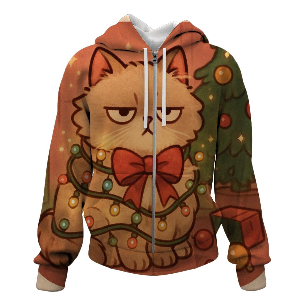 Grumpy Christmas Cat Tangled In Fairylights pullover hoodies