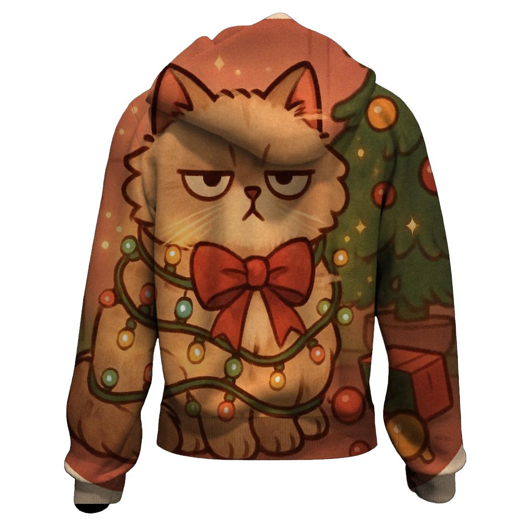 Grumpy Christmas Cat Tangled In Fairylights pullover hoodies