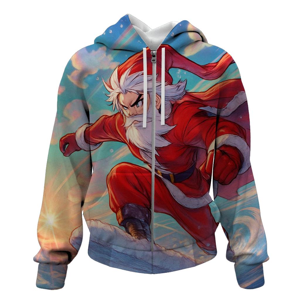 Anime Inspired Santa Sky Surfing On Snow Clouds designer hoodies