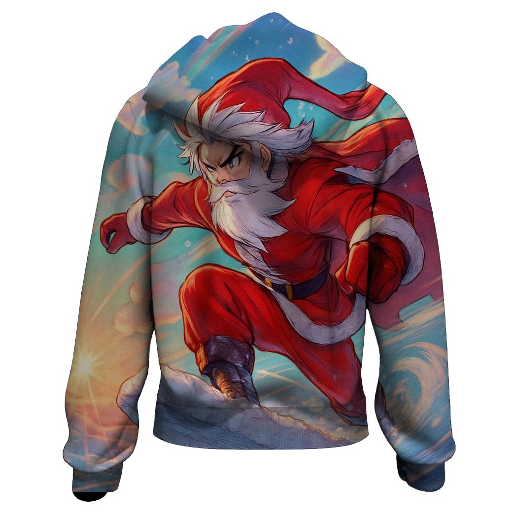 Anime Inspired Santa Sky Surfing On Snow Clouds designer hoodies