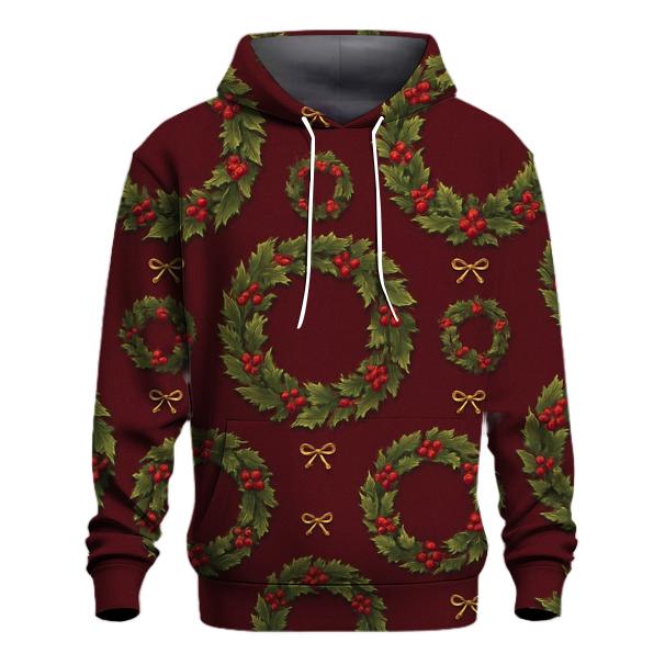 Holly Wreath Ring Repeat On Burgundy Background heavyweight hoodies
