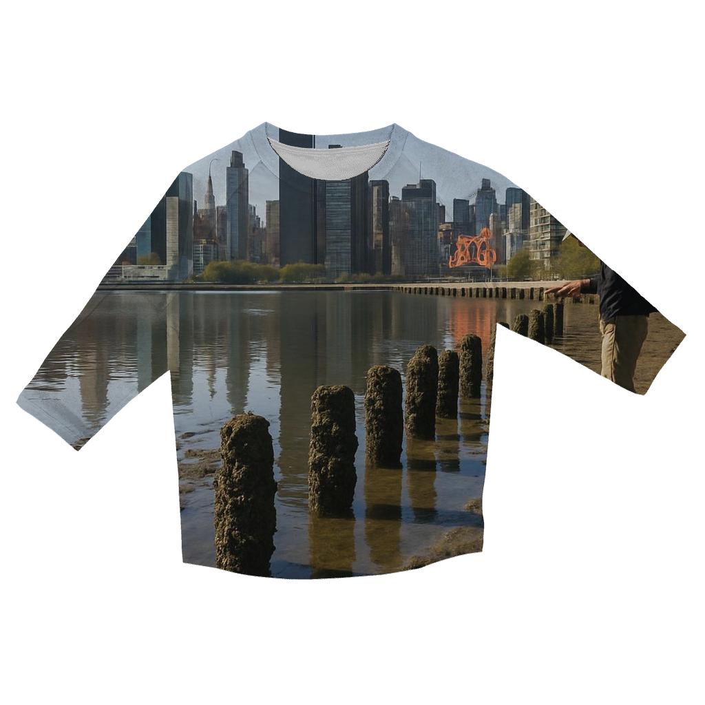 Low Tide Mudflats At Gantry Plaza With Midtown Across The River printed three quarter sleeve shirts