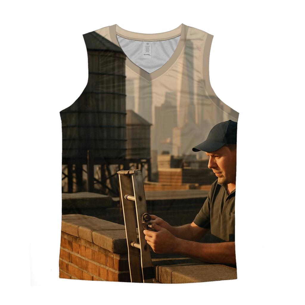 September Rooftop Water Towers With Downtown In The Haze trendy fitted tank tops