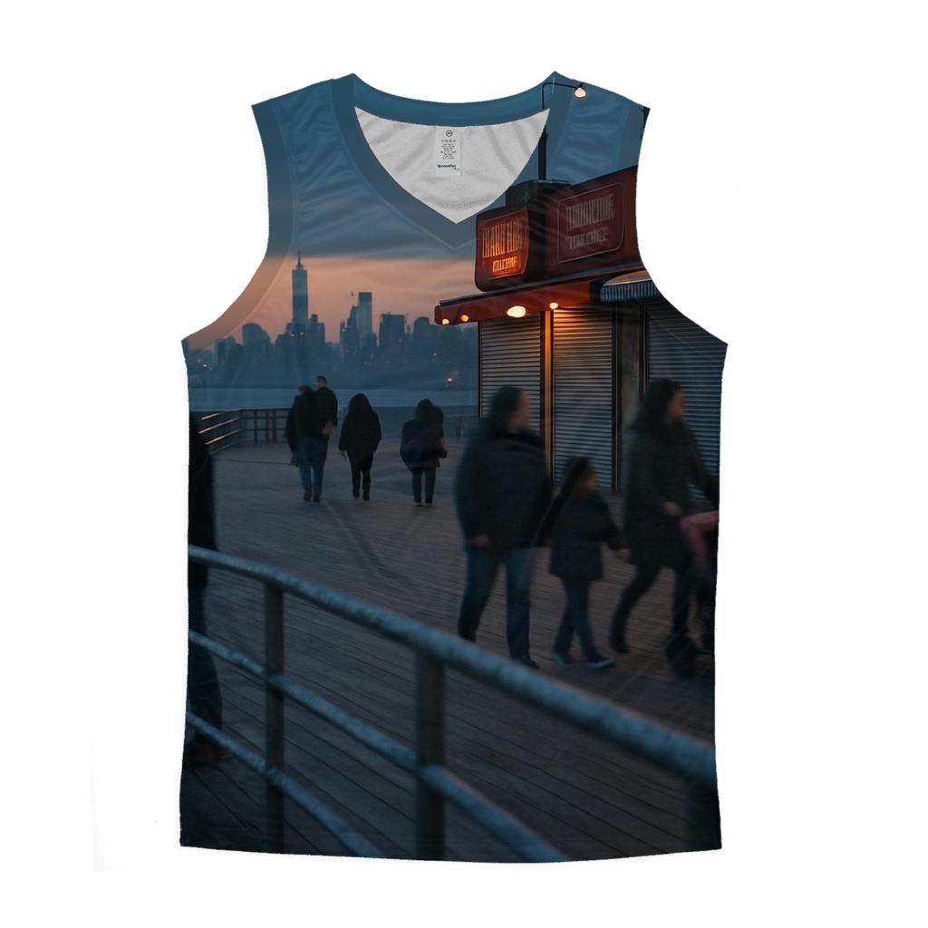 Coney Island Boardwalk Dusk With Far Off Downtown Silhouette casual summer tank tops