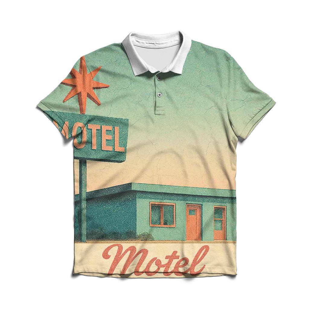 Weathered Space Age Motel Postcard classic pique polos