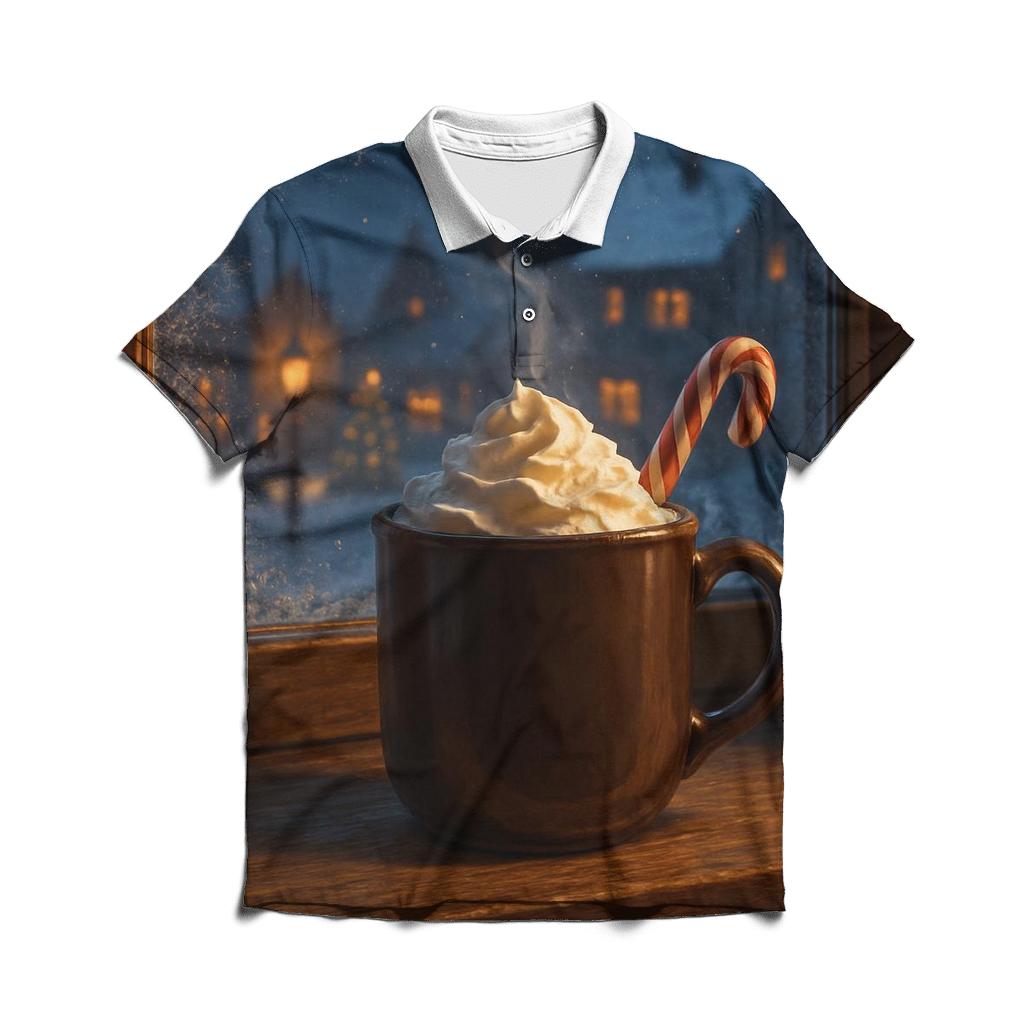 Snowy Village Window With Cocoa Steam custom polo shirts