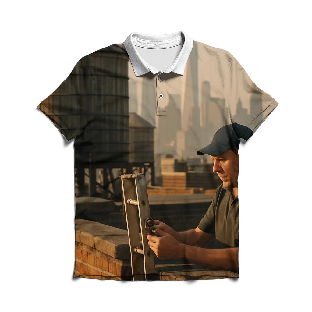 September Rooftop Water Towers With Downtown In The Haze custom polo shirts