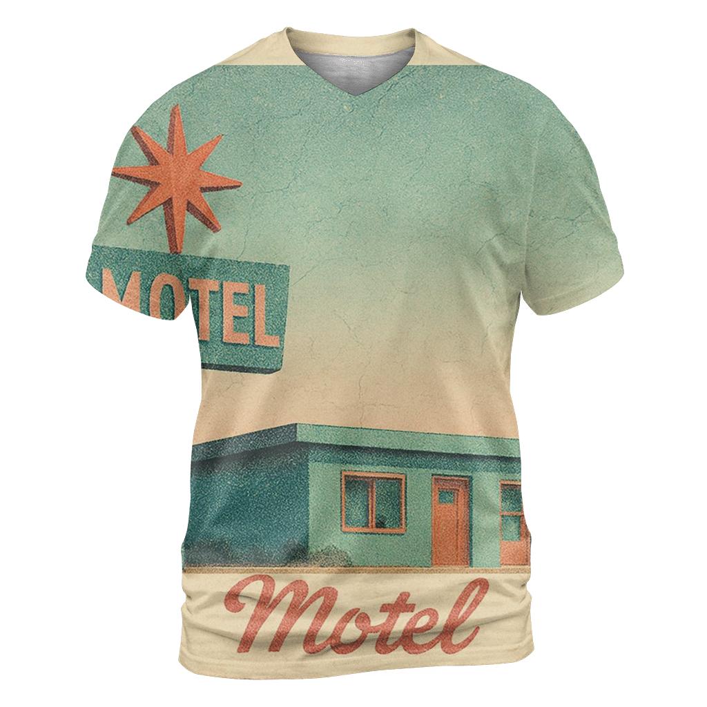 Weathered Space Age Motel Postcard statement graphic shirts