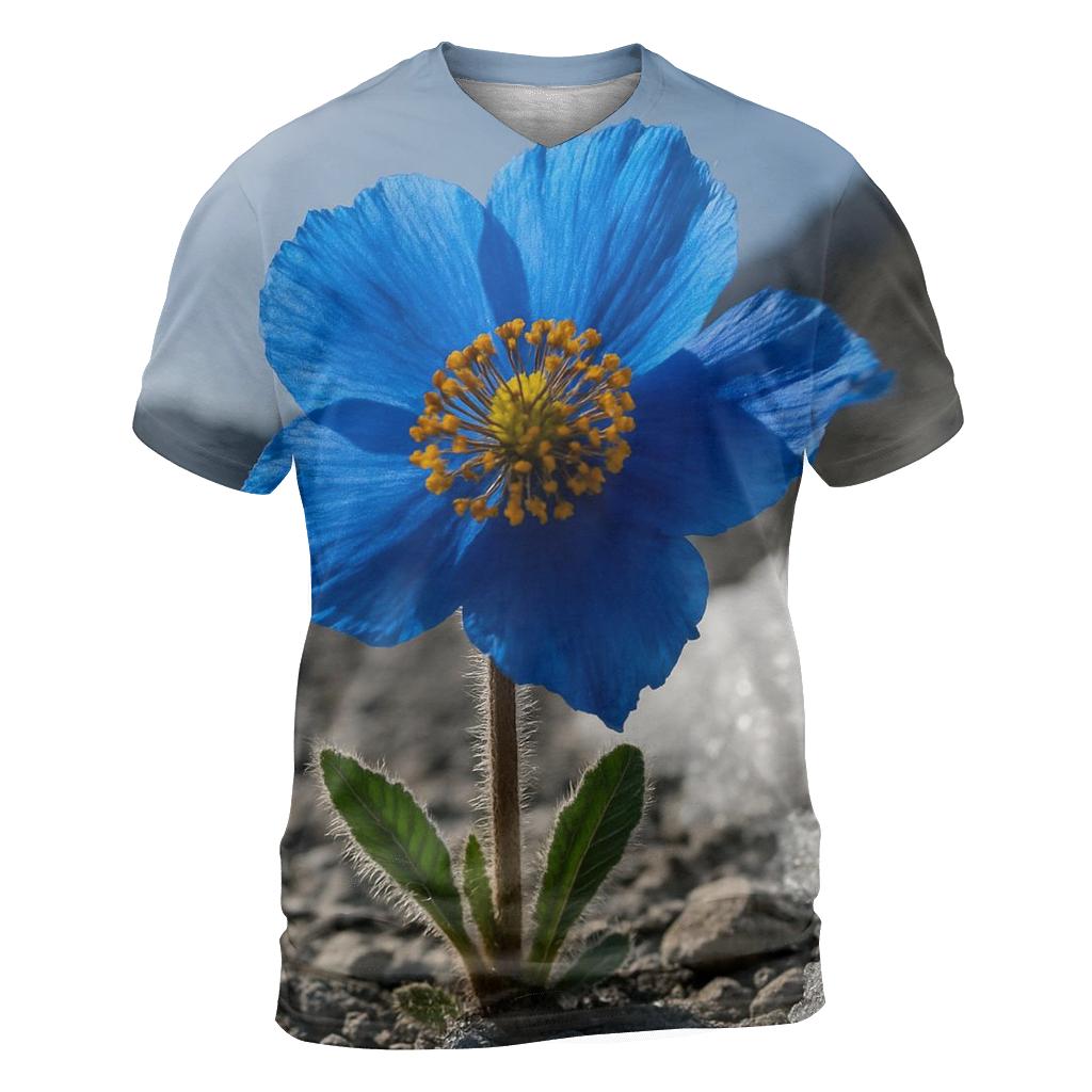 Blue Poppy Bloom In Alpine Scree unique graphic print tees