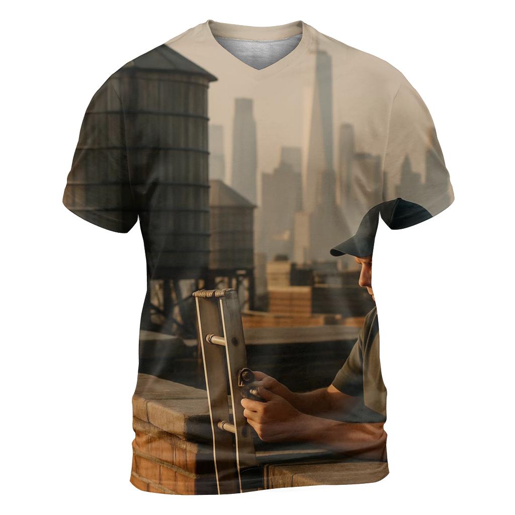 September Rooftop Water Towers With Downtown In The Haze designer pattern shirts