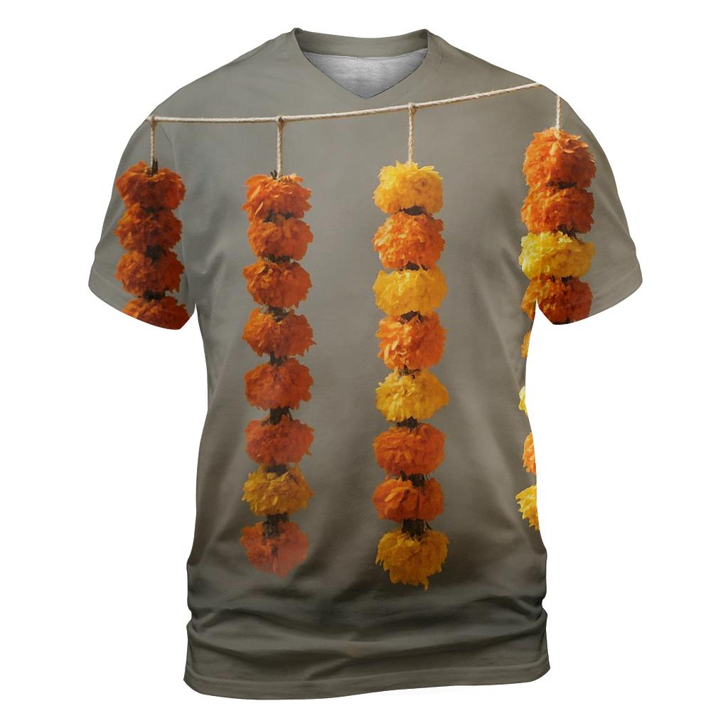 Marigold Garlands Drying In Courtyard Shade unique graphic print tees