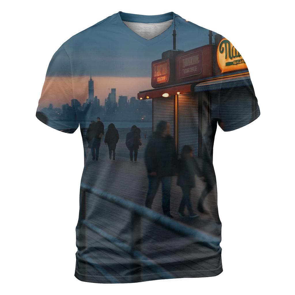Coney Island Boardwalk Dusk With Far Off Downtown Silhouette artistic all-over print tops