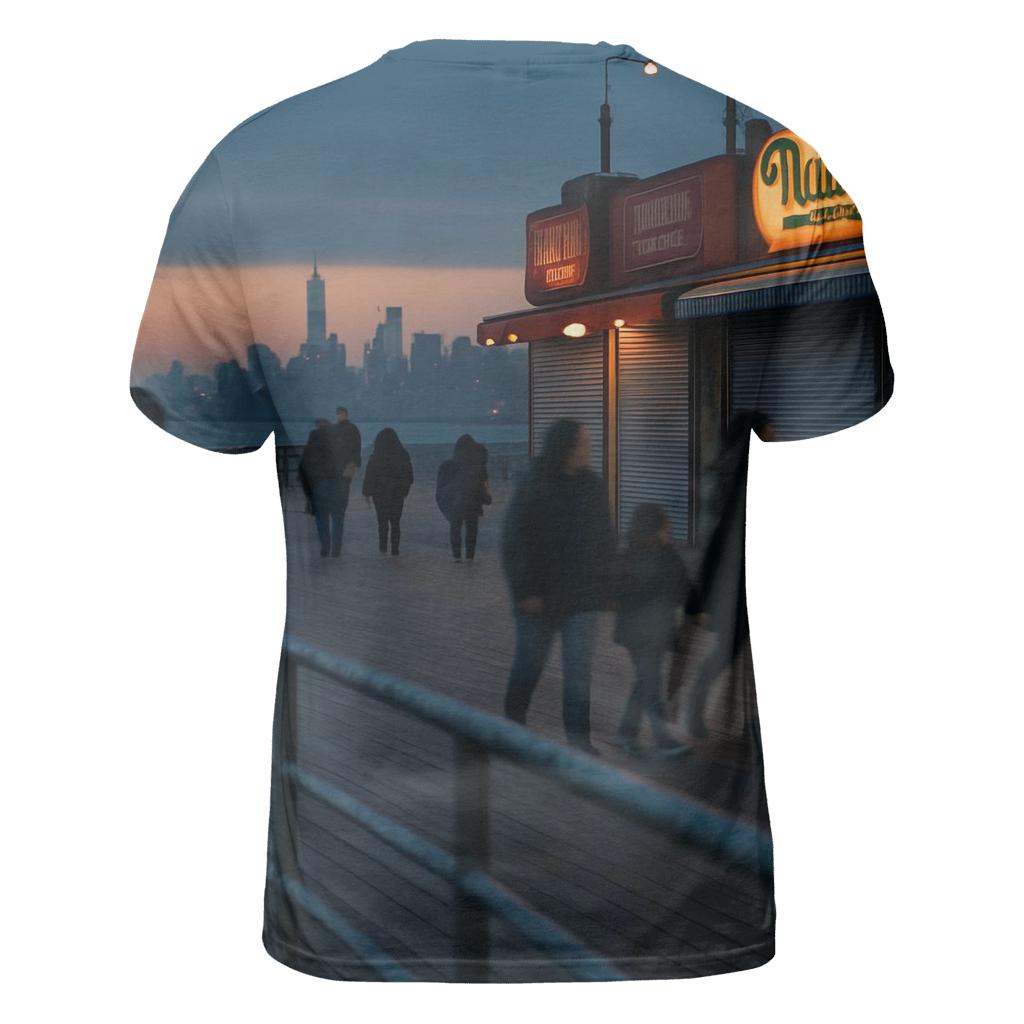Coney Island Boardwalk Dusk With Far Off Downtown Silhouette artistic all-over print tops