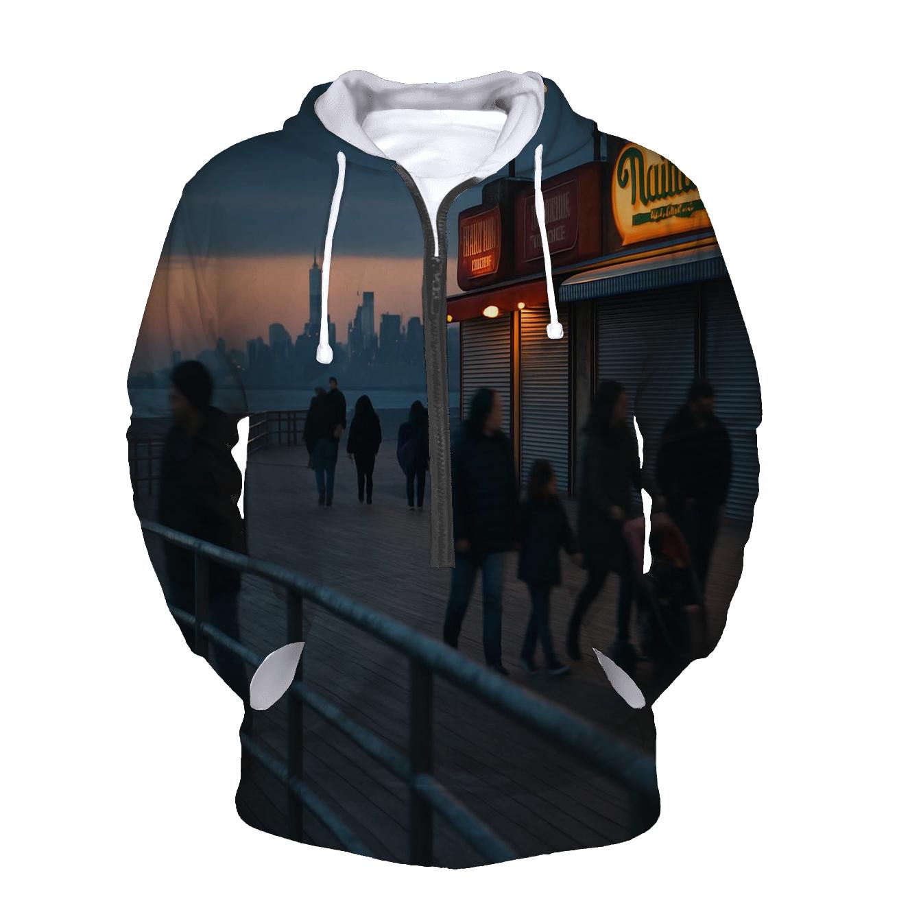 Coney Island Boardwalk Dusk With Far Off Downtown Silhouette hoodies fashion