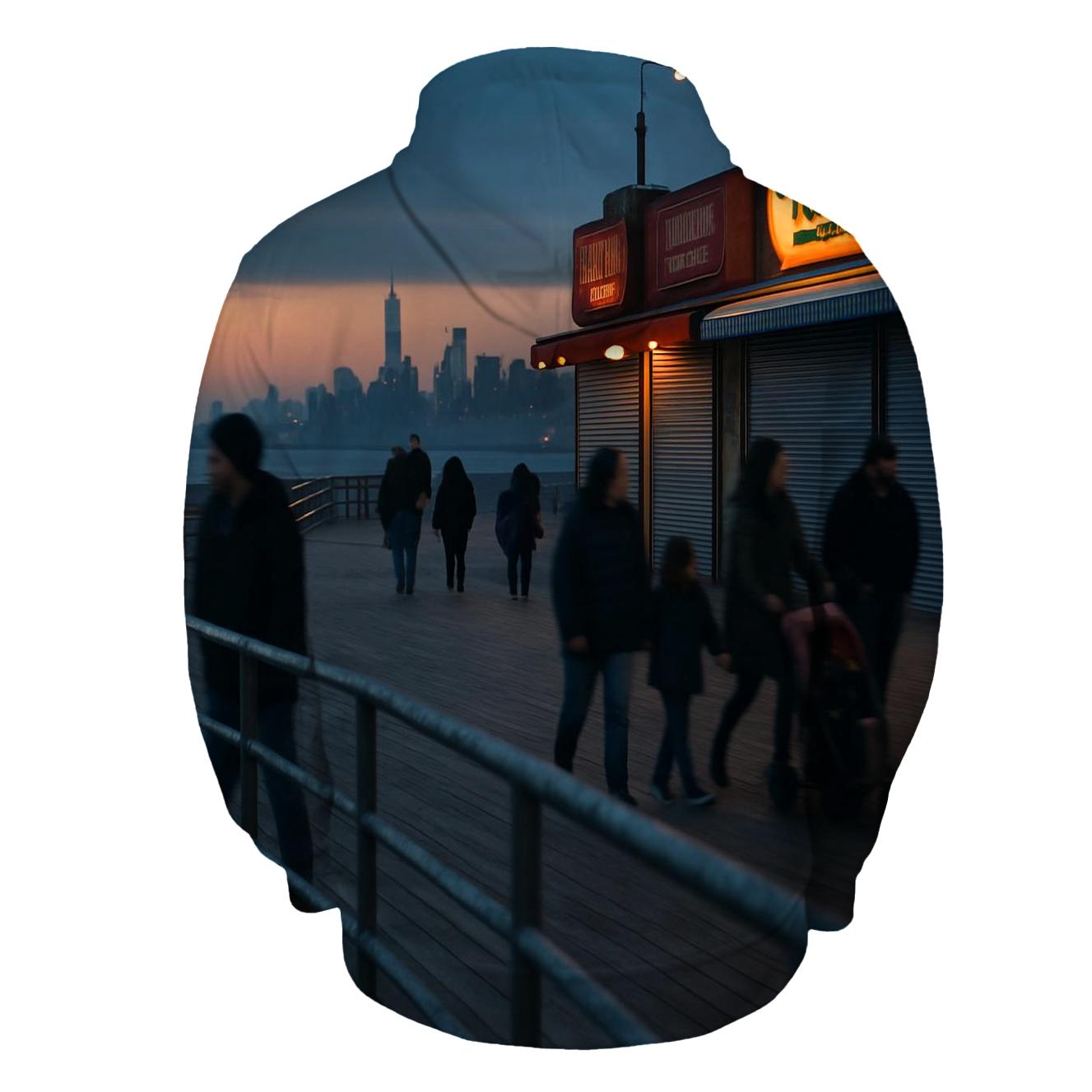 Coney Island Boardwalk Dusk With Far Off Downtown Silhouette hoodies fashion