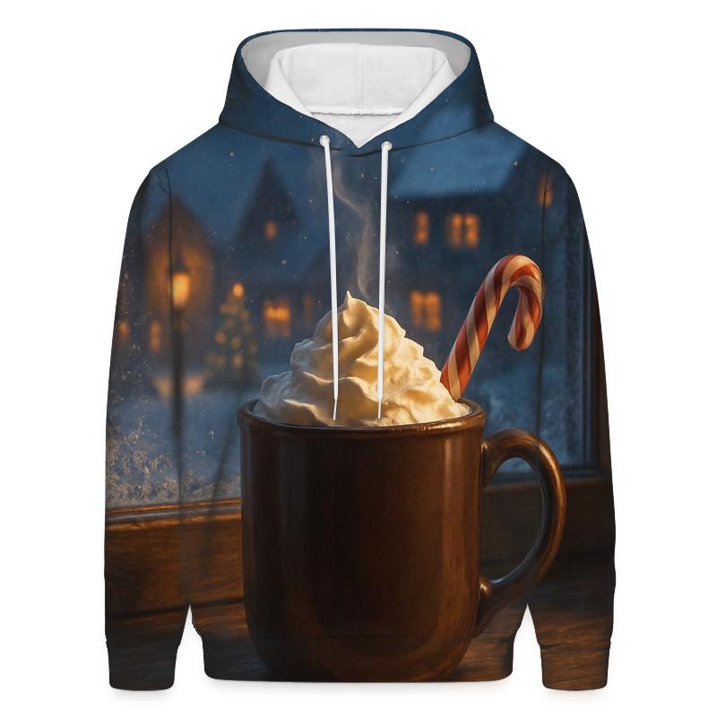 Snowy Village Window With Cocoa Steam premium hoodies