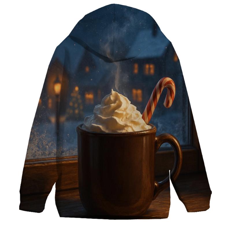 Snowy Village Window With Cocoa Steam premium hoodies