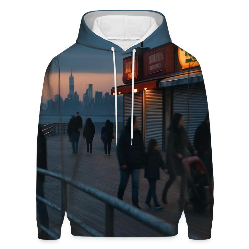 Coney Island Boardwalk Dusk With Far Off Downtown Silhouette hoodie styles