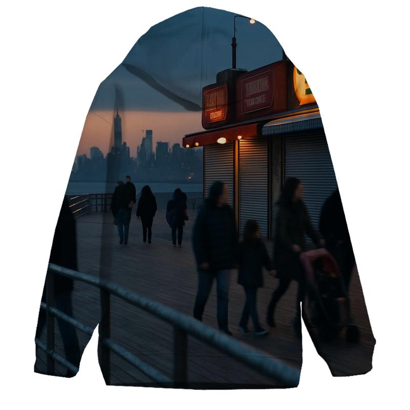 Coney Island Boardwalk Dusk With Far Off Downtown Silhouette hoodie styles