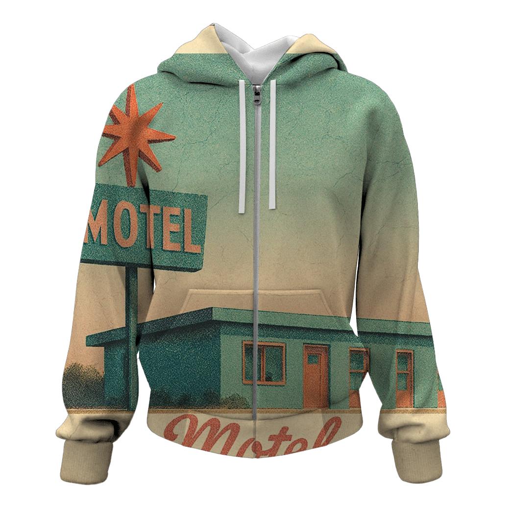 Weathered Space Age Motel Postcard zip-up hoodies