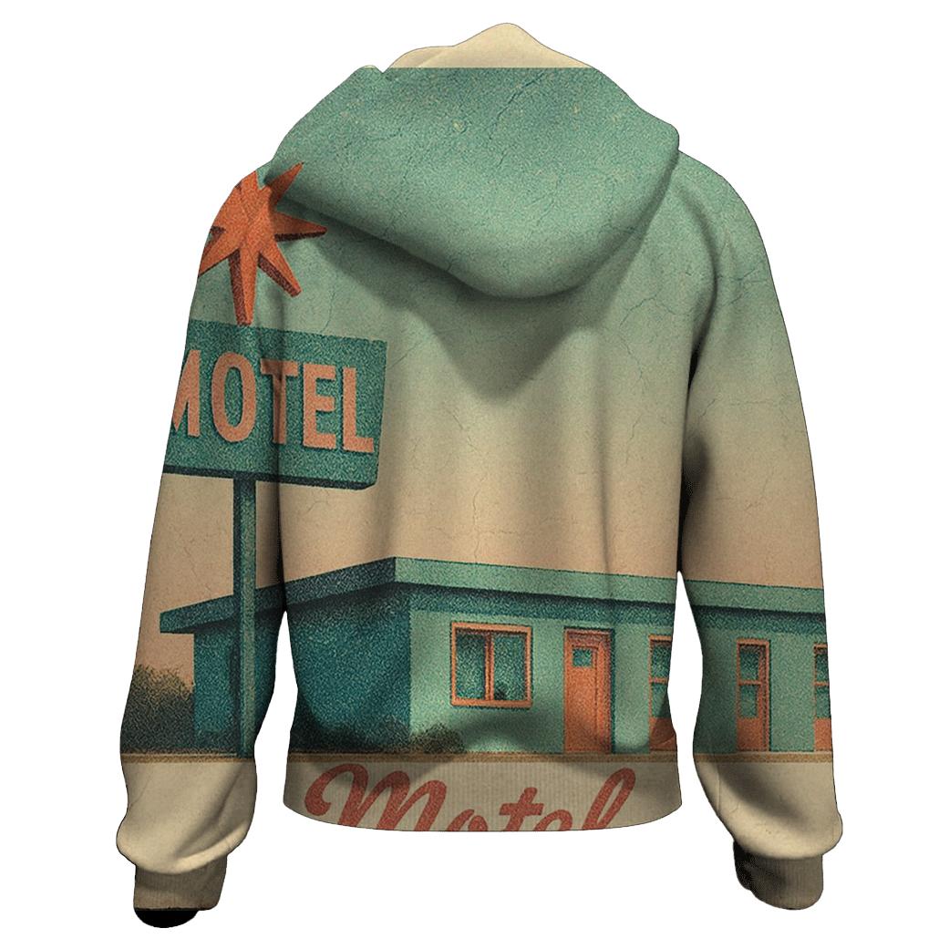 Weathered Space Age Motel Postcard zip-up hoodies